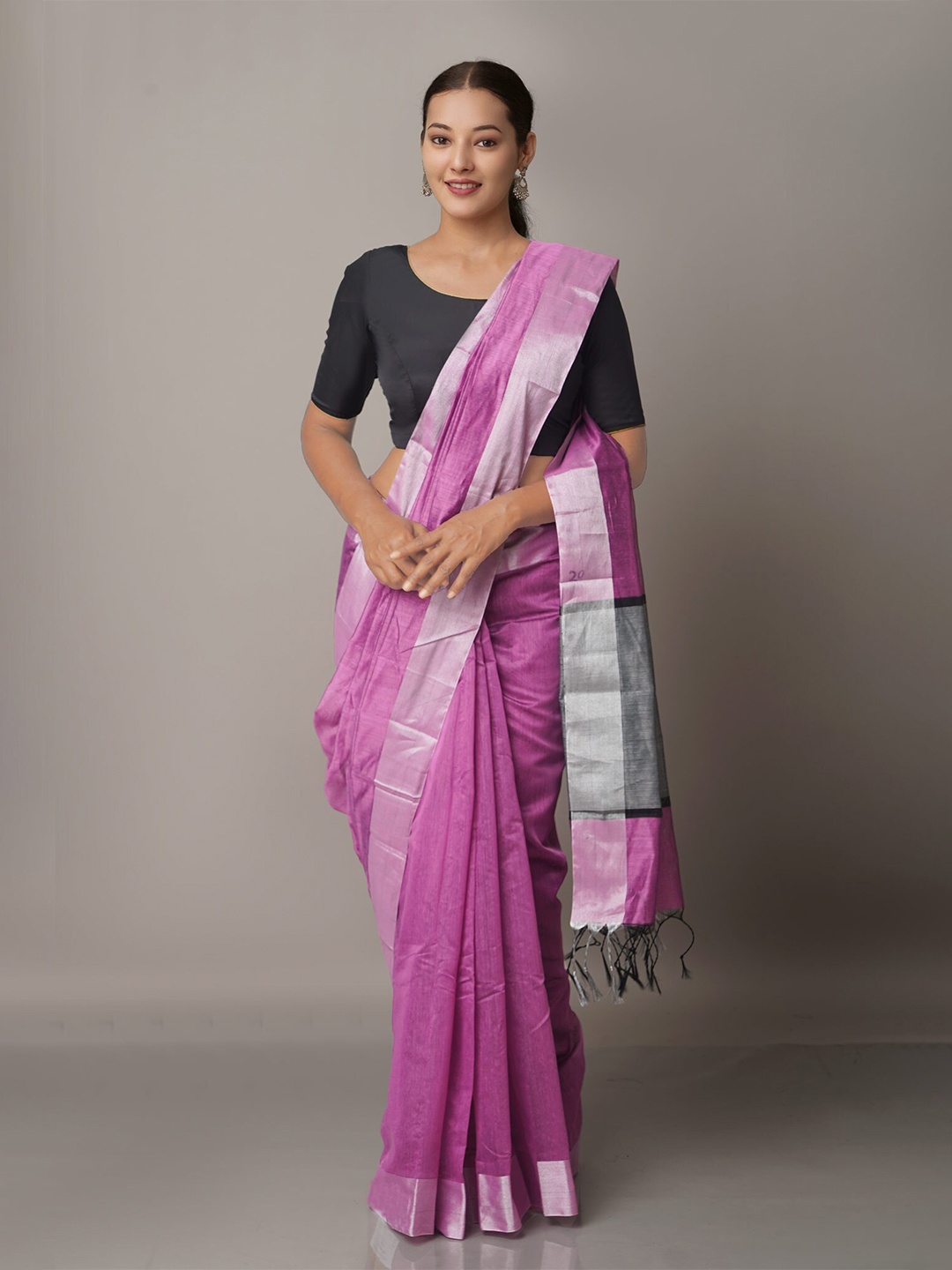 

Unnati Silks Purple & Silver-Toned Zari Silk Cotton Chanderi Saree