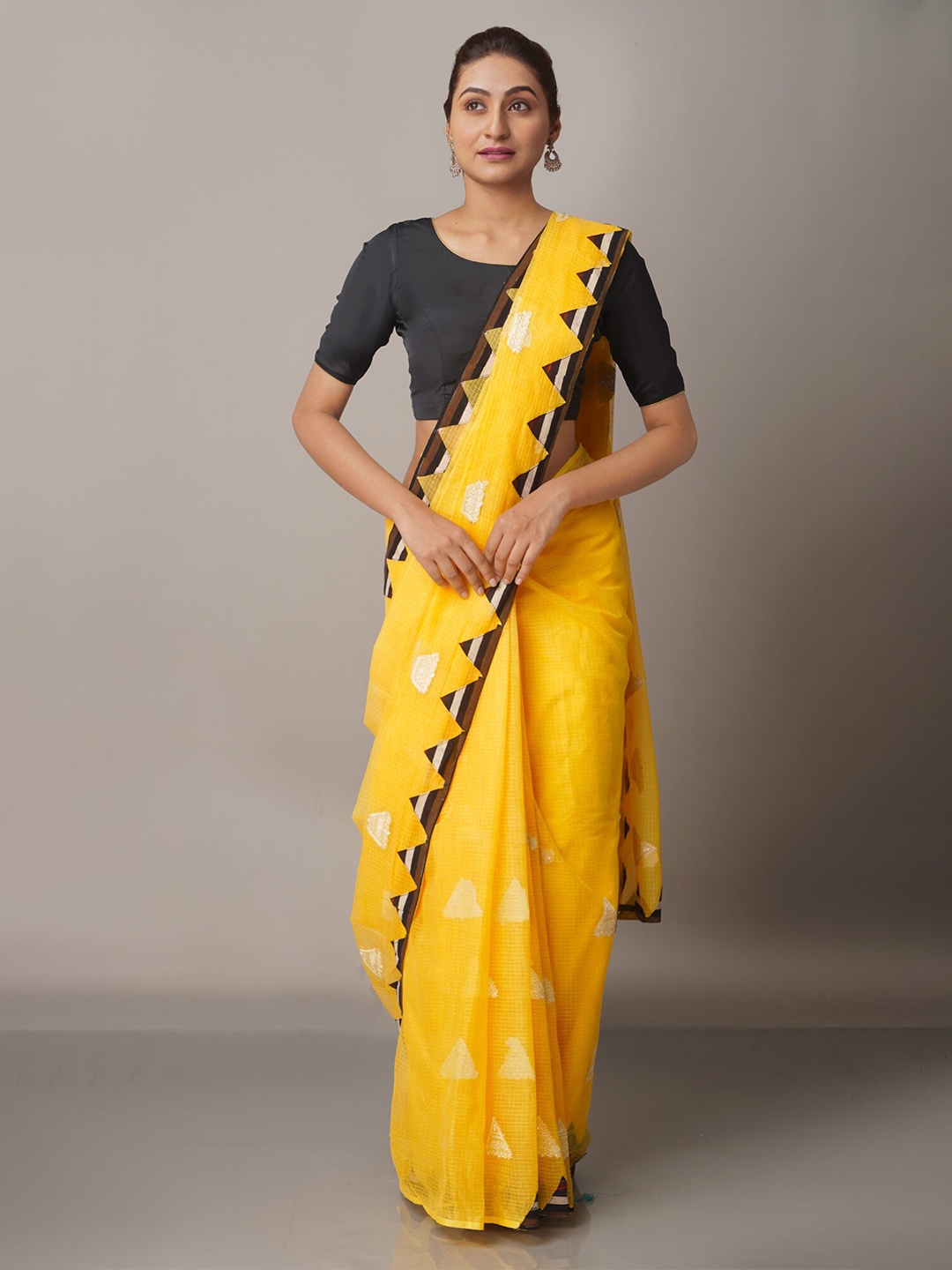 

Unnati Silks Yellow & Off White Checked Embroidered Supernet Patola Saree