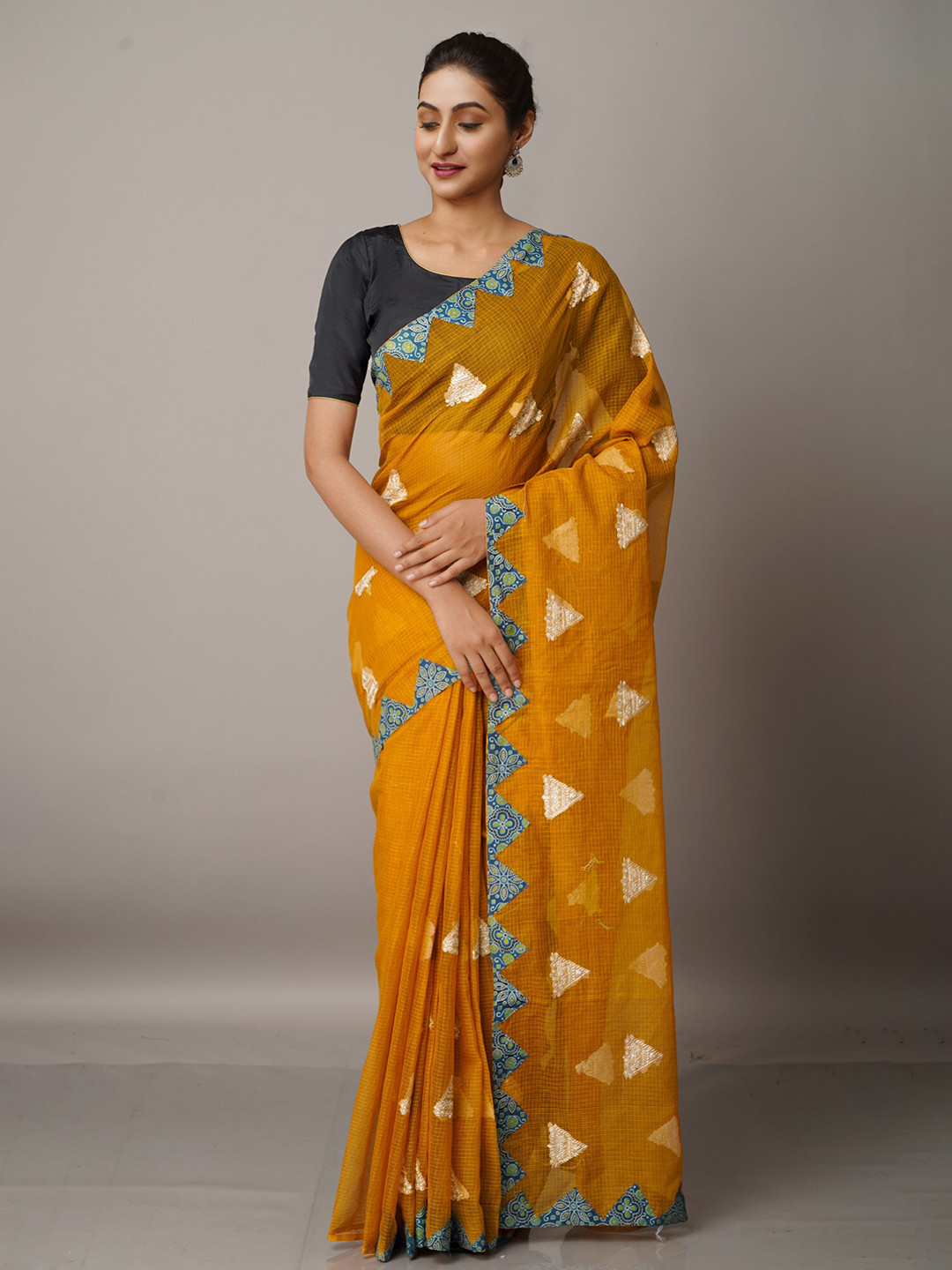 

Unnati Silks Rust & Blue Checked Embroidered Supernet Patola Saree
