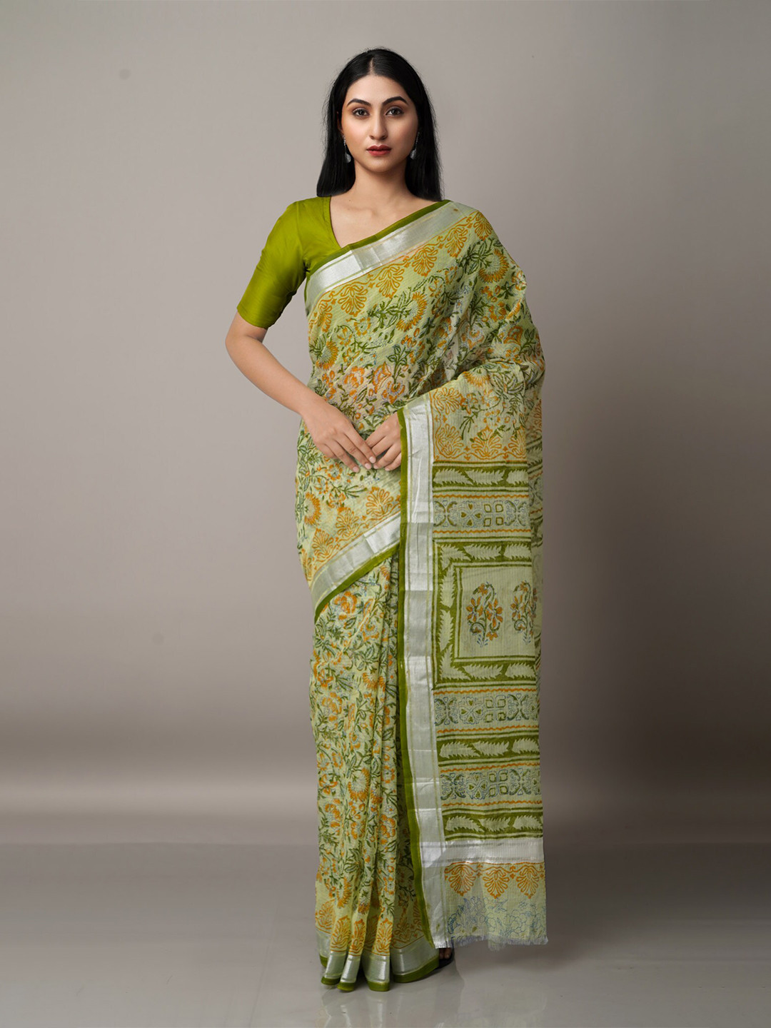 

Unnati Silks Green & Yellow Floral Pure Cotton Kota Saree