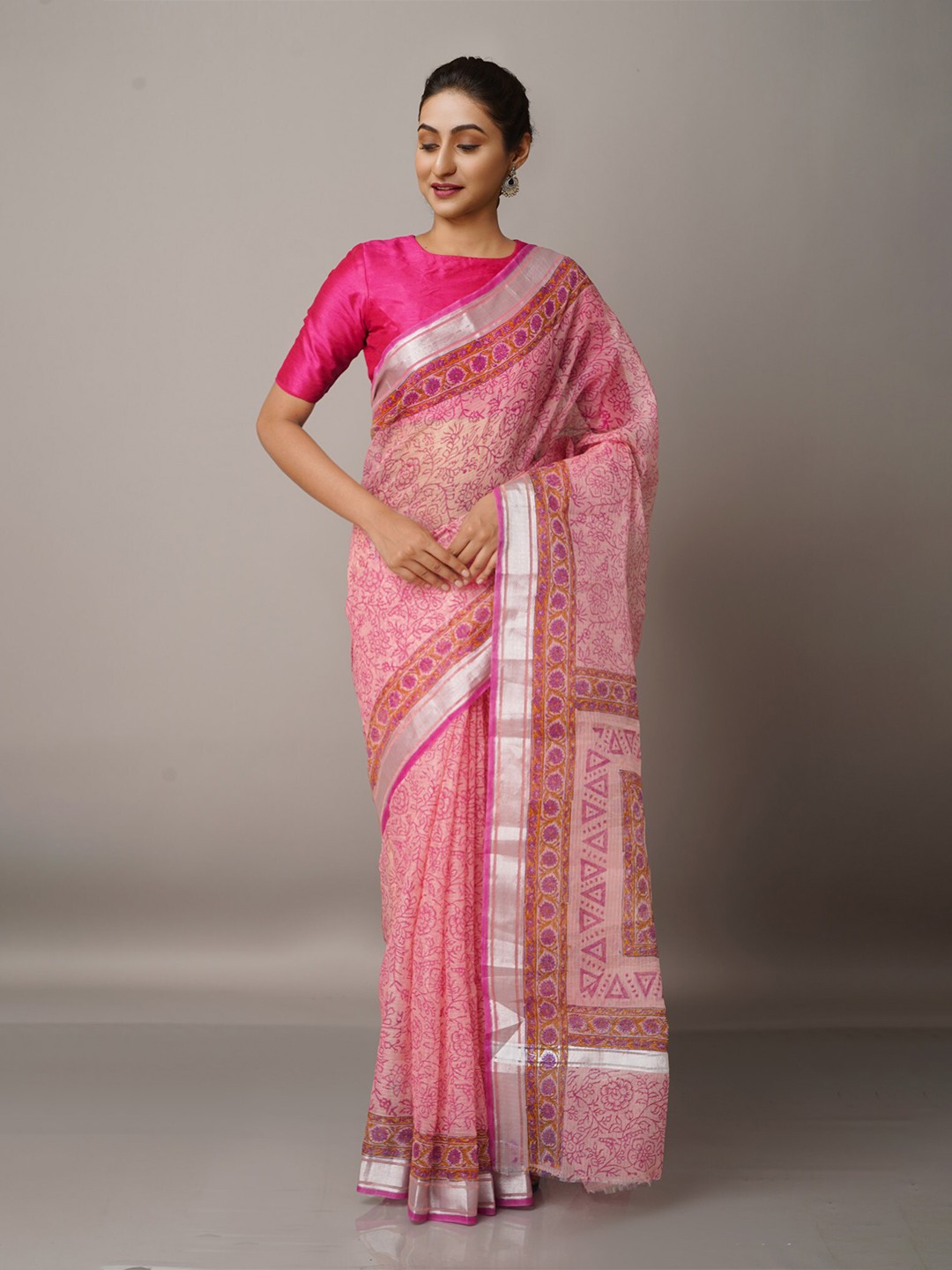

Unnati Silks Pink & Orange Floral Zari Pure Cotton Kota Saree