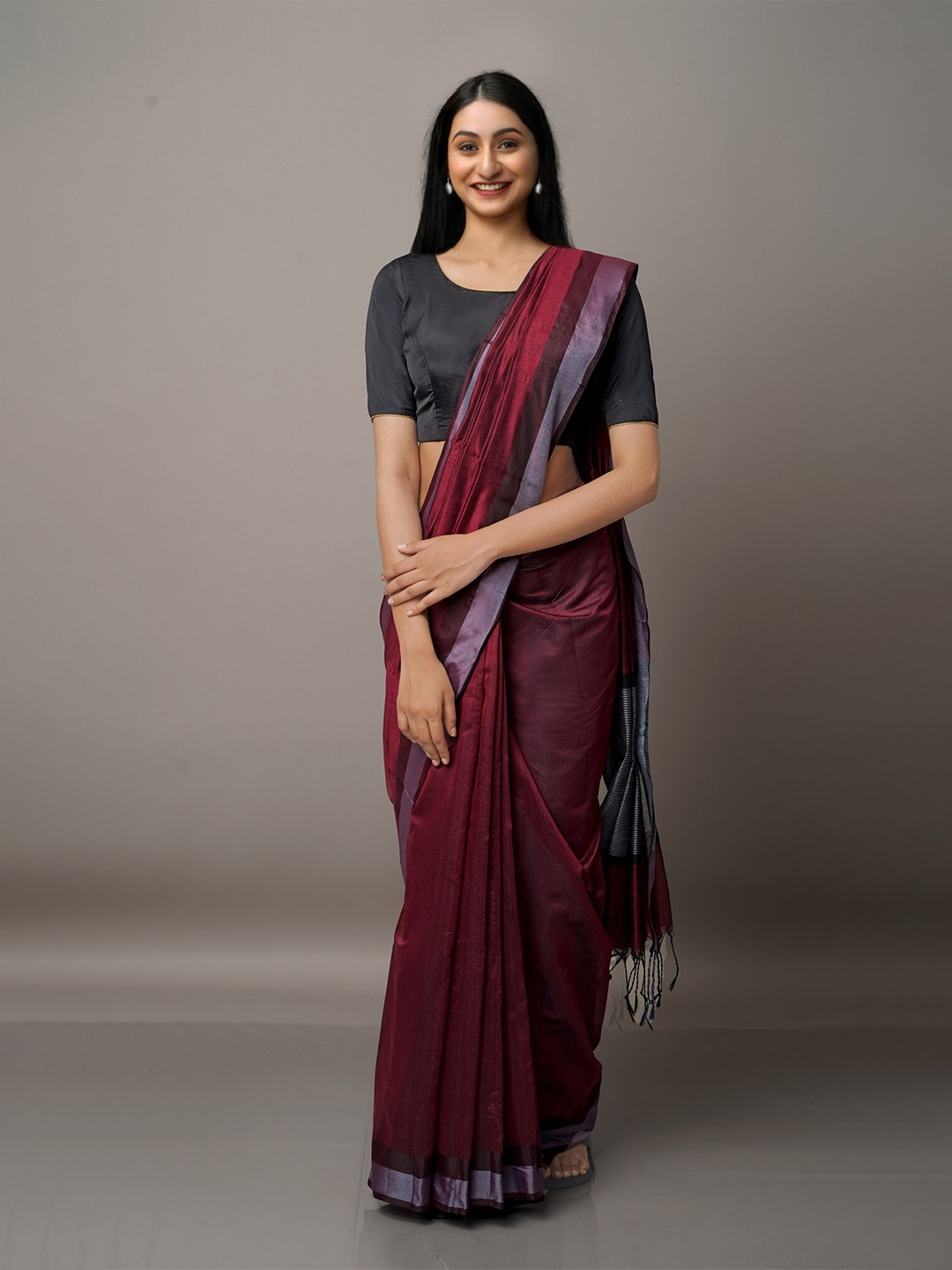 

Unnati Silks Maroon & Black Zari Silk Cotton Chanderi Saree