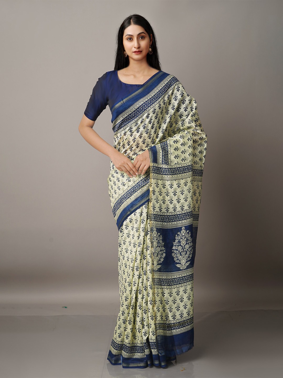 

Unnati Silks Beige & Blue Ajrakh Printed Silk Cotton Chanderi Saree