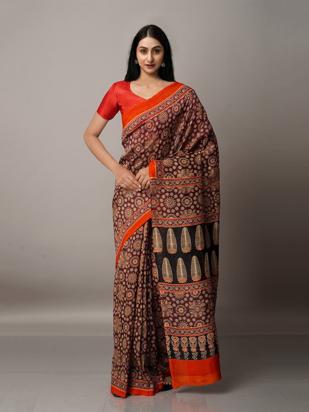 

Unnati Silks Maroon & Black Ajrakh Printed Silk Cotton Chanderi Saree