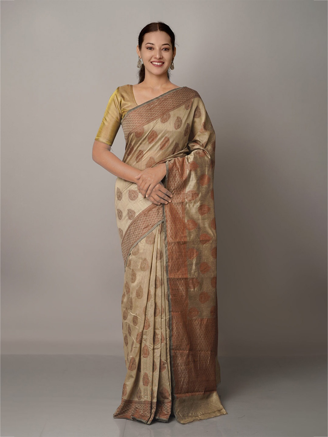 

Unnati Silks Grey & Copper-Toned Woven Design Zari Silk Cotton Chanderi Saree