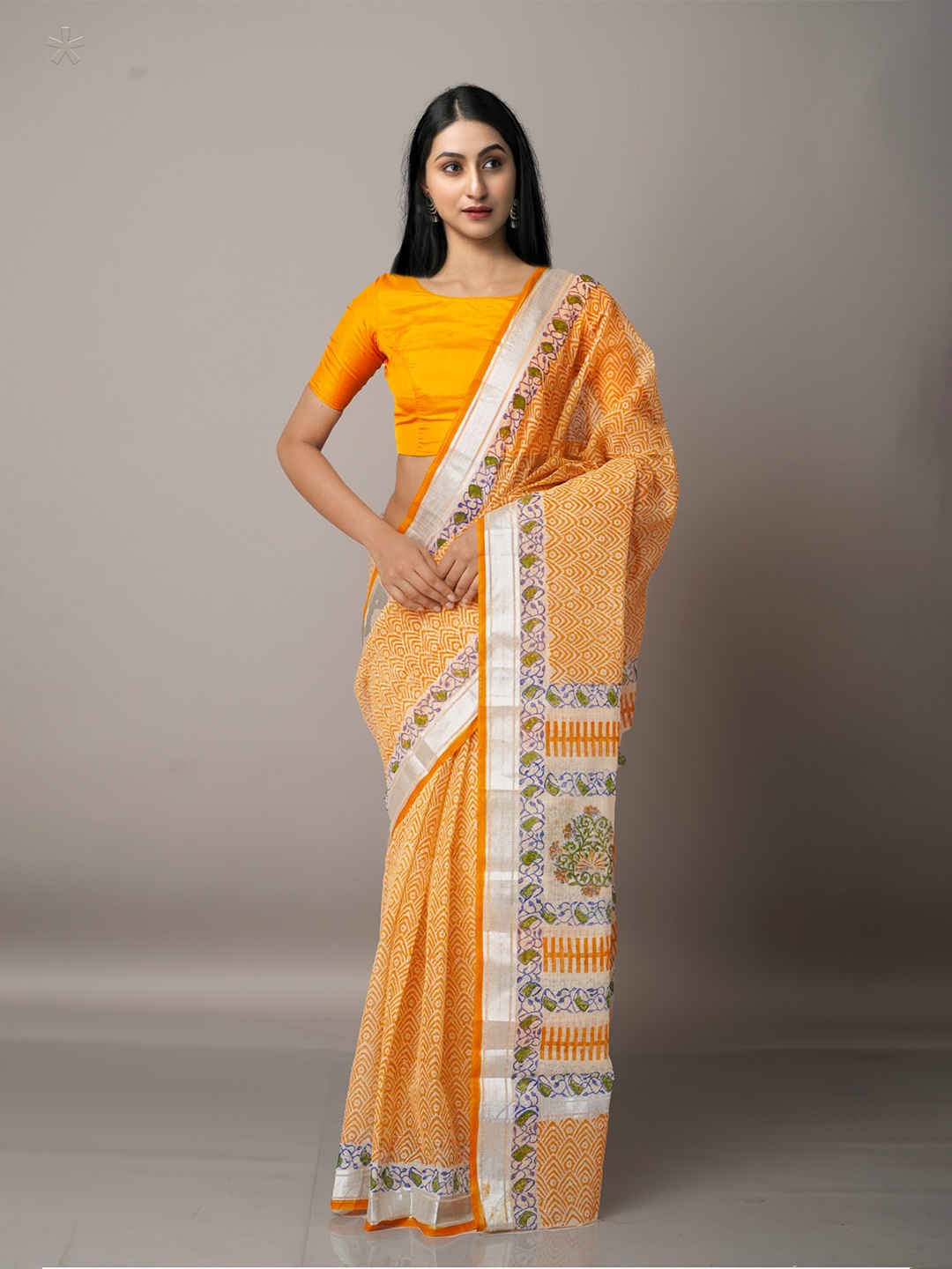 

Unnati Silks Orange & Silver-Toned Ethnic Motifs Zari Pure Cotton Kota Saree