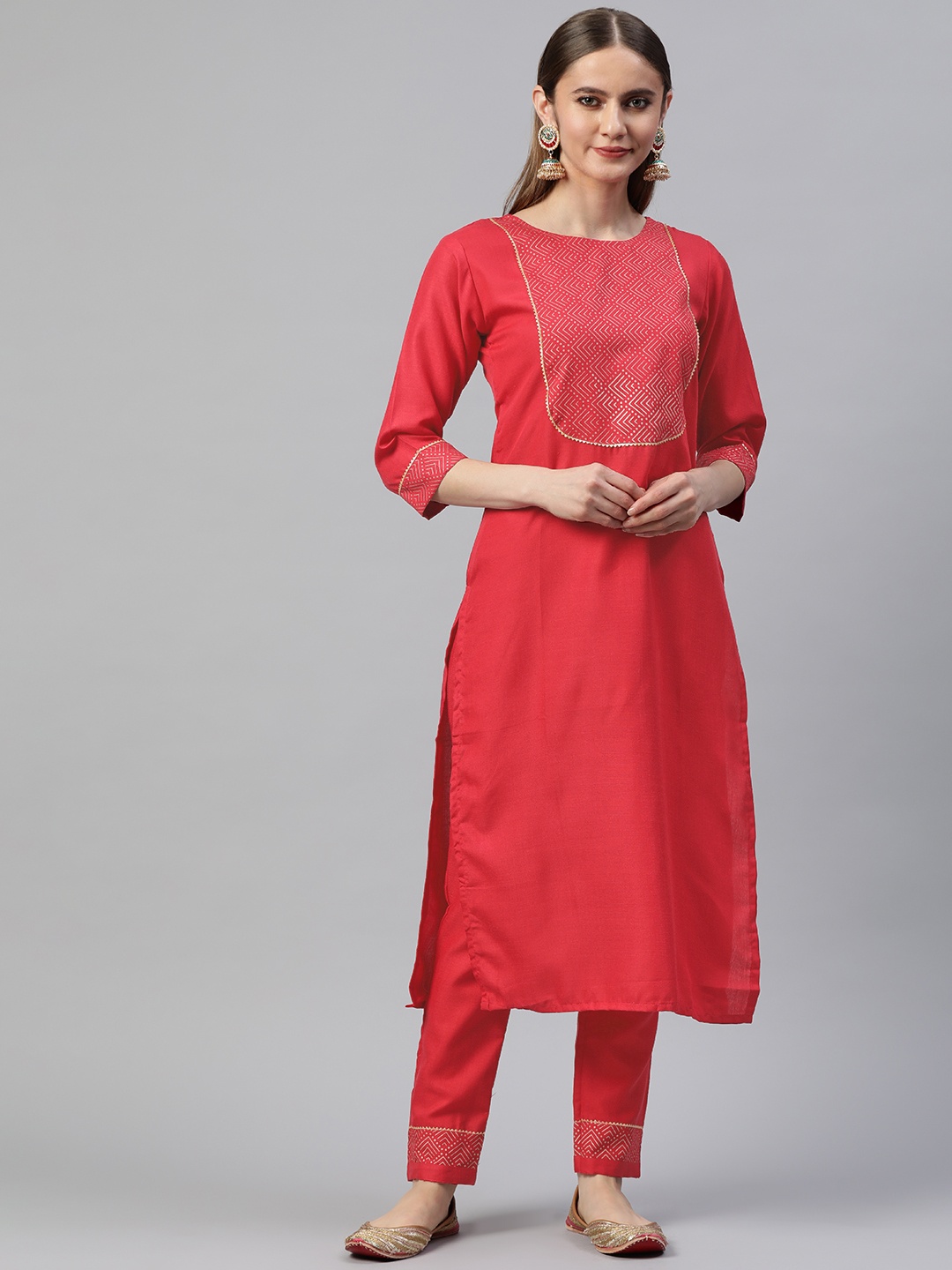 

SheWill Women Red Yoke Design Gotta Patti Kurta with Trousers