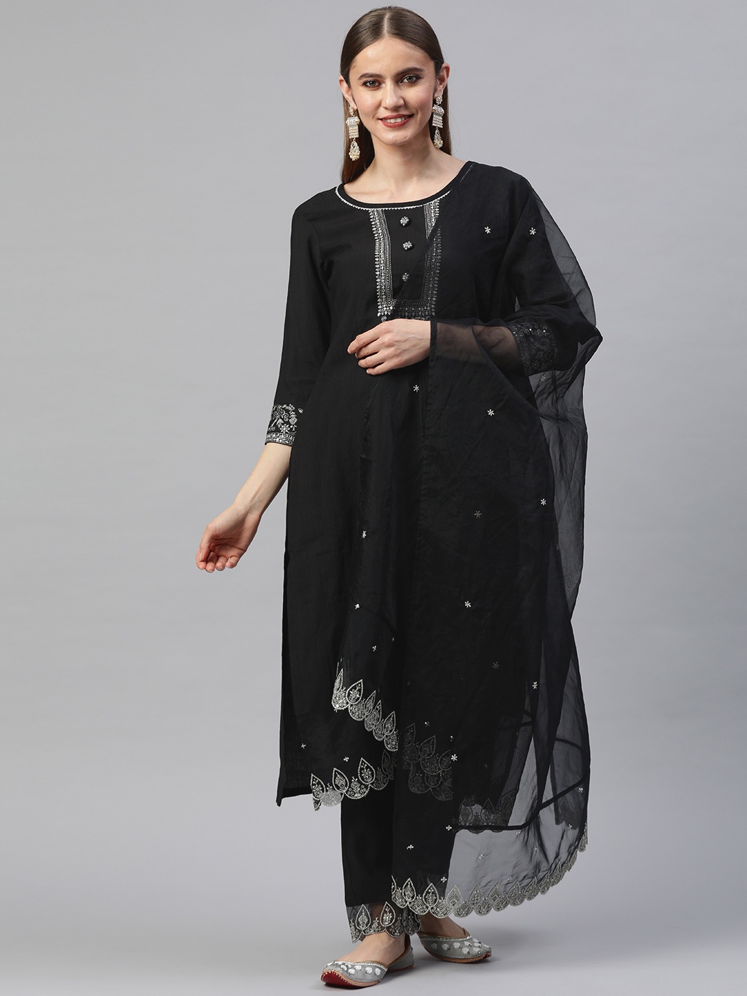 

SheWill Women Black Yoke Design Gotta Patti Kurta with Trousers & With Dupatta