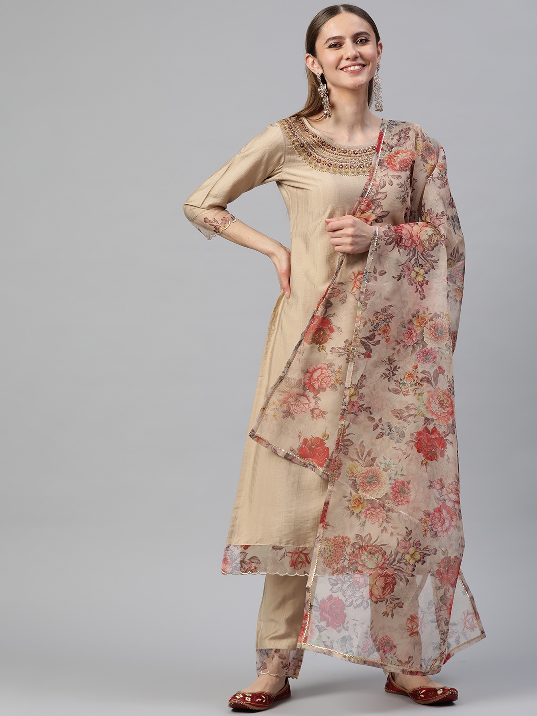 

SheWill Women Beige Floral Yoke Design Sequinned Kurta with Trousers & With Dupatta