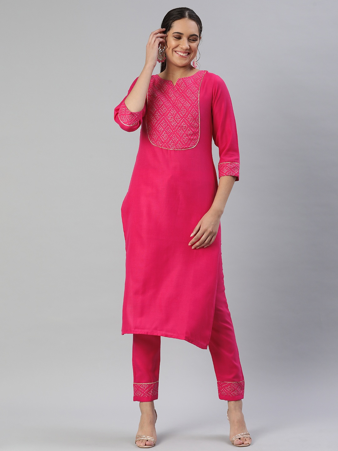 

SheWill Women Pink Printed Gotta Patti Kurta with Trousers