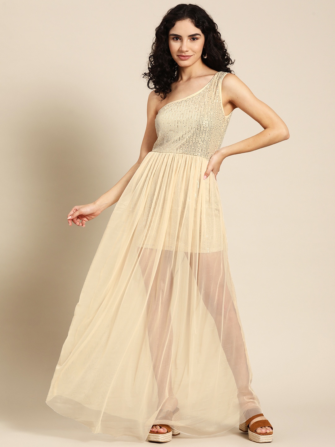 

DODO & MOA Cream-Coloured Embellished One Shoulder Maxi Dress