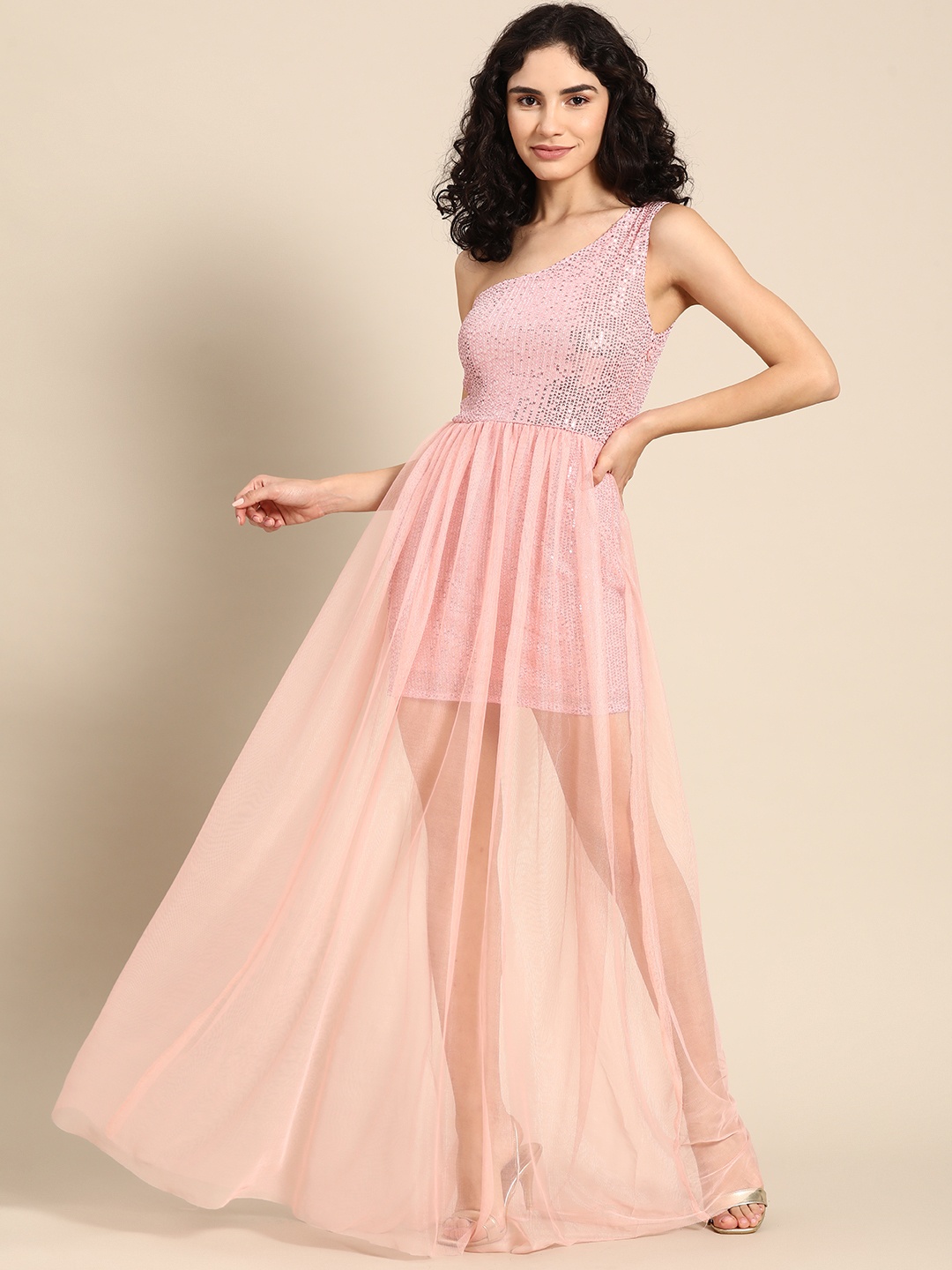 

DODO & MOA Pink Embellished One Shoulder Maxi Dress