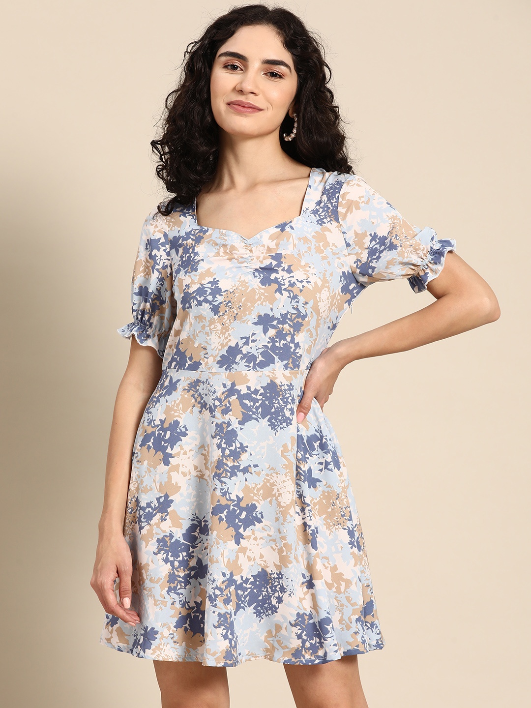 

DODO & MOA Blue & Peach-Coloured Floral A-Line Dress