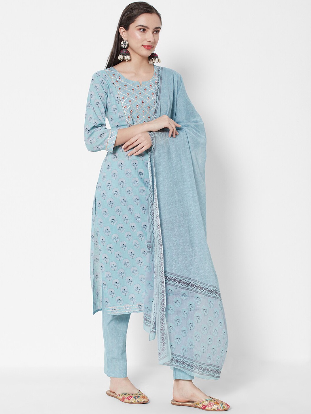 

HEEPOSH Women Blue Ethnic Motifs Printed Pure Cotton Kurta with Trousers & With Dupatta