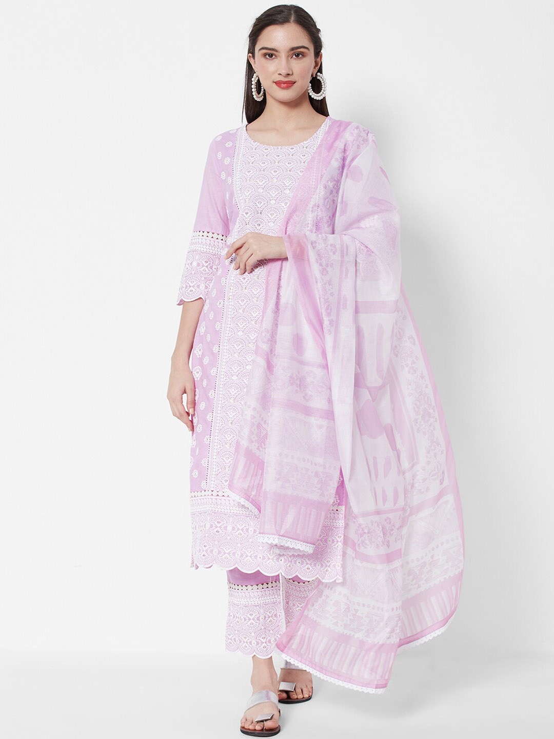 

HEEPOSH Women Violet Embroidered Thread Work Pure Cotton Kurta with Trouser & With Dupatta