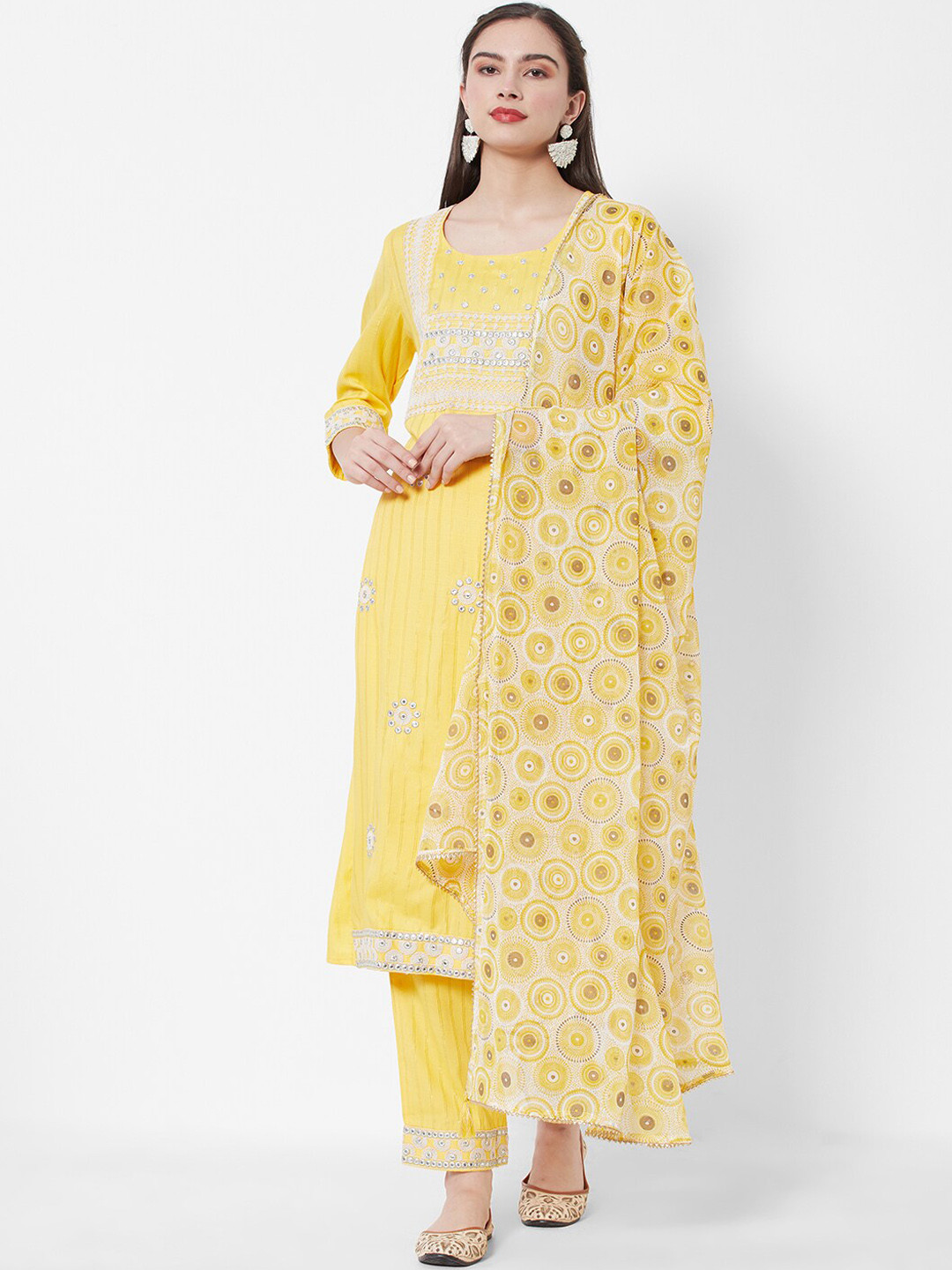 

HEEPOSH Women Yellow Ethnic Motifs Embroidered Mirror Work Kurta & Trousers With Dupatta