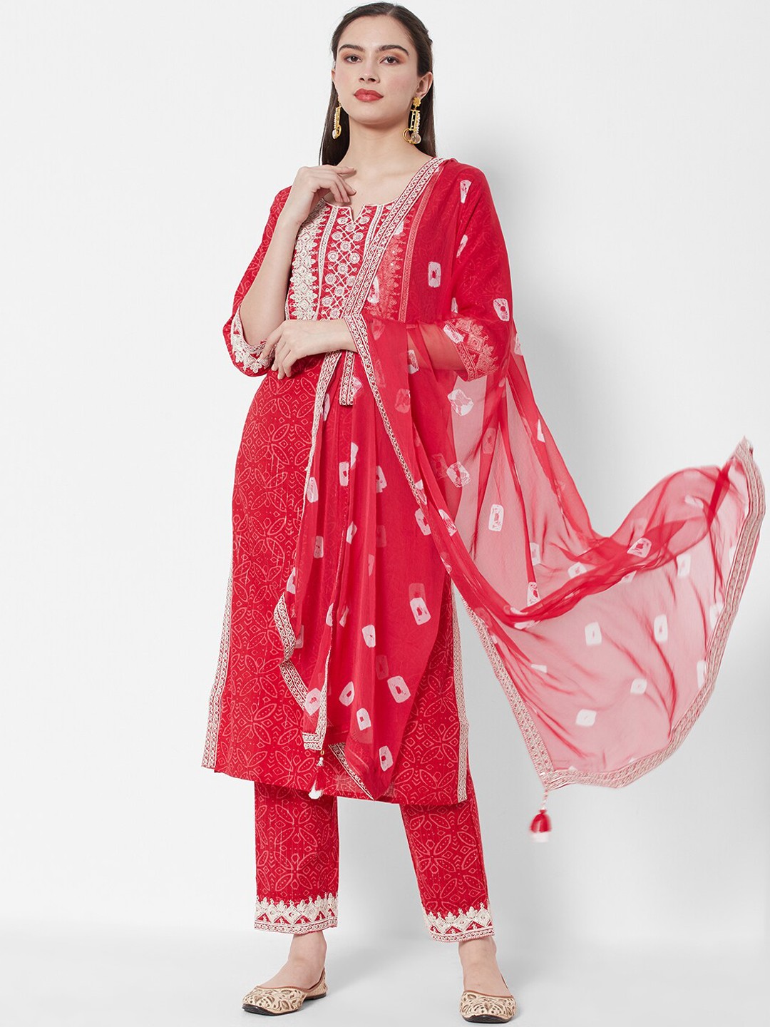 

HEEPOSH Women Red Printed Thread Work Pure Cotton Kurta with Trousers & With Dupatta