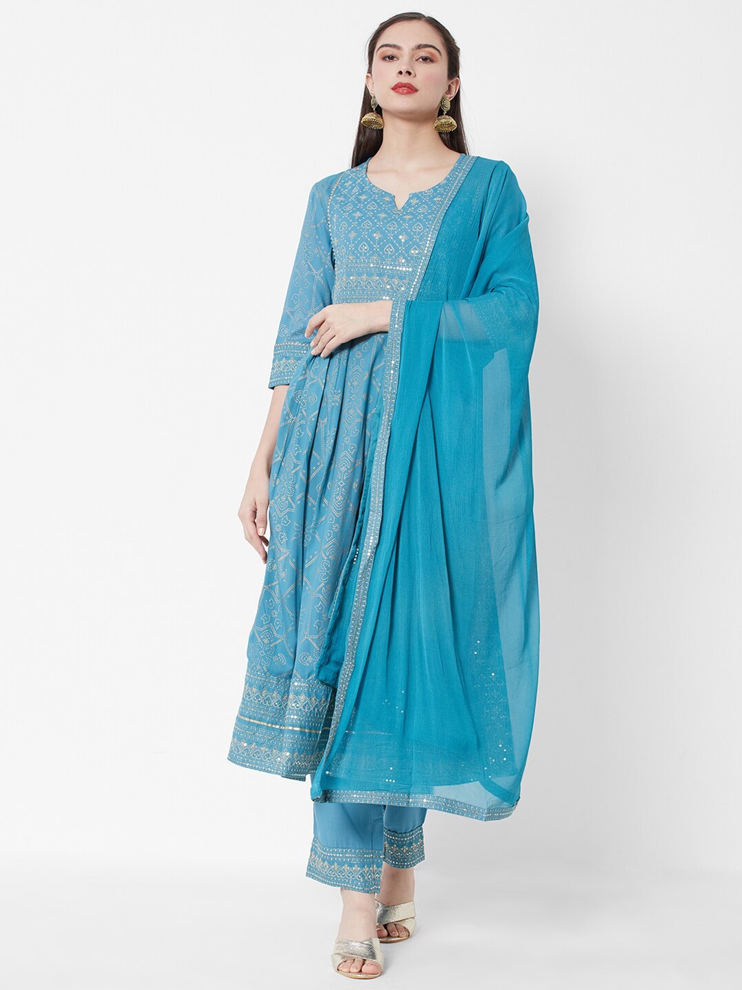 

HEEPOSH Women Blue High Slit Sequinned Kurta with Trousers & With Dupatta