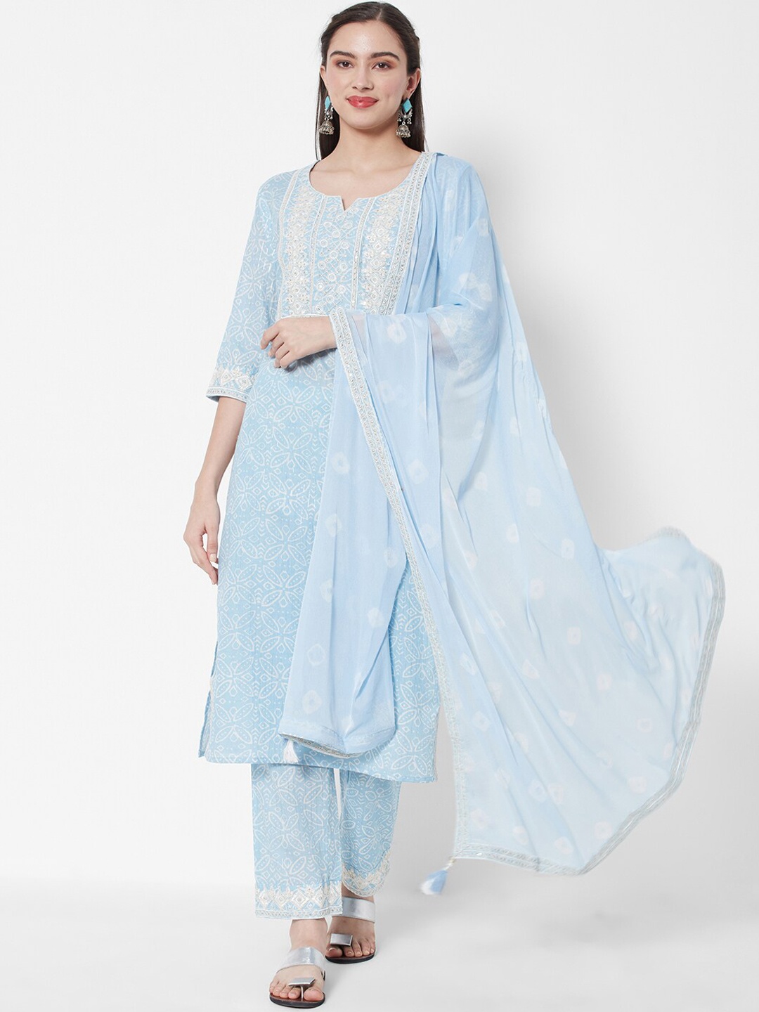 

HEEPOSH Women Blue Printed Thread Work Pure Cotton Kurta with Trousers & With Dupatta