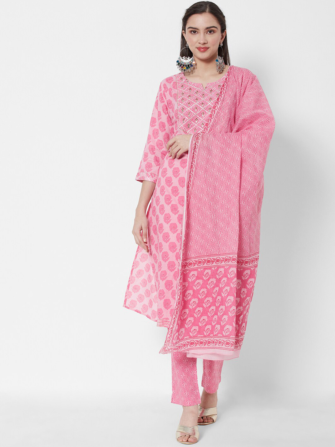 

HEEPOSH Women Pink Ethnic Motifs Printed Pure Cotton Kurta with Trousers & With Dupatta