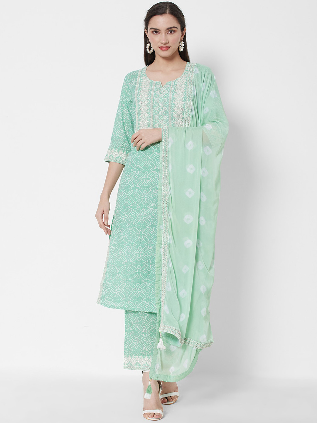 

HEEPOSH Women Sea Green Printed Thread Work Pure Cotton Kurta with Trousers & With Dupatta