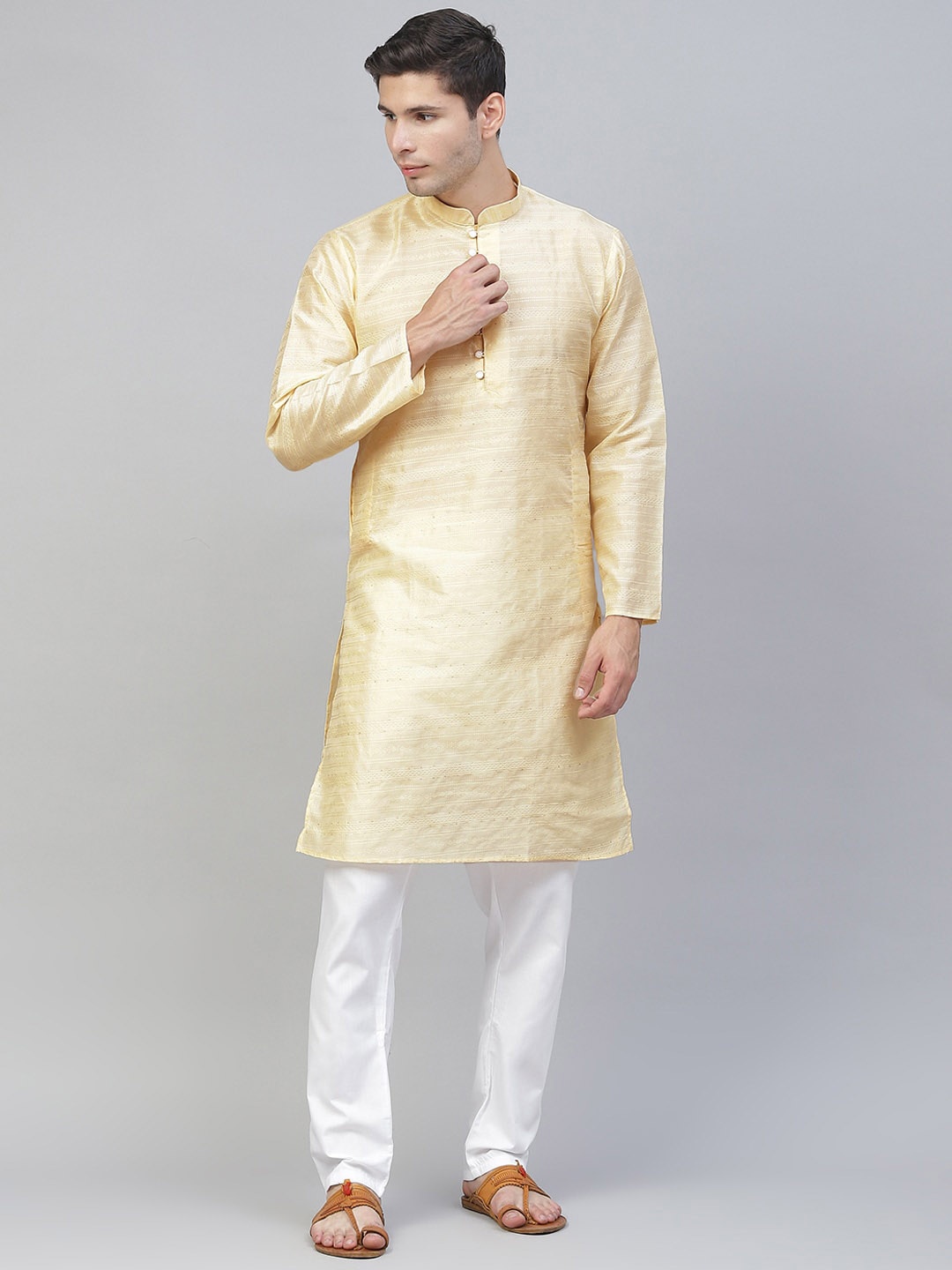 

MANQ Men Beige Woven Design Mandarin Collar Kurta