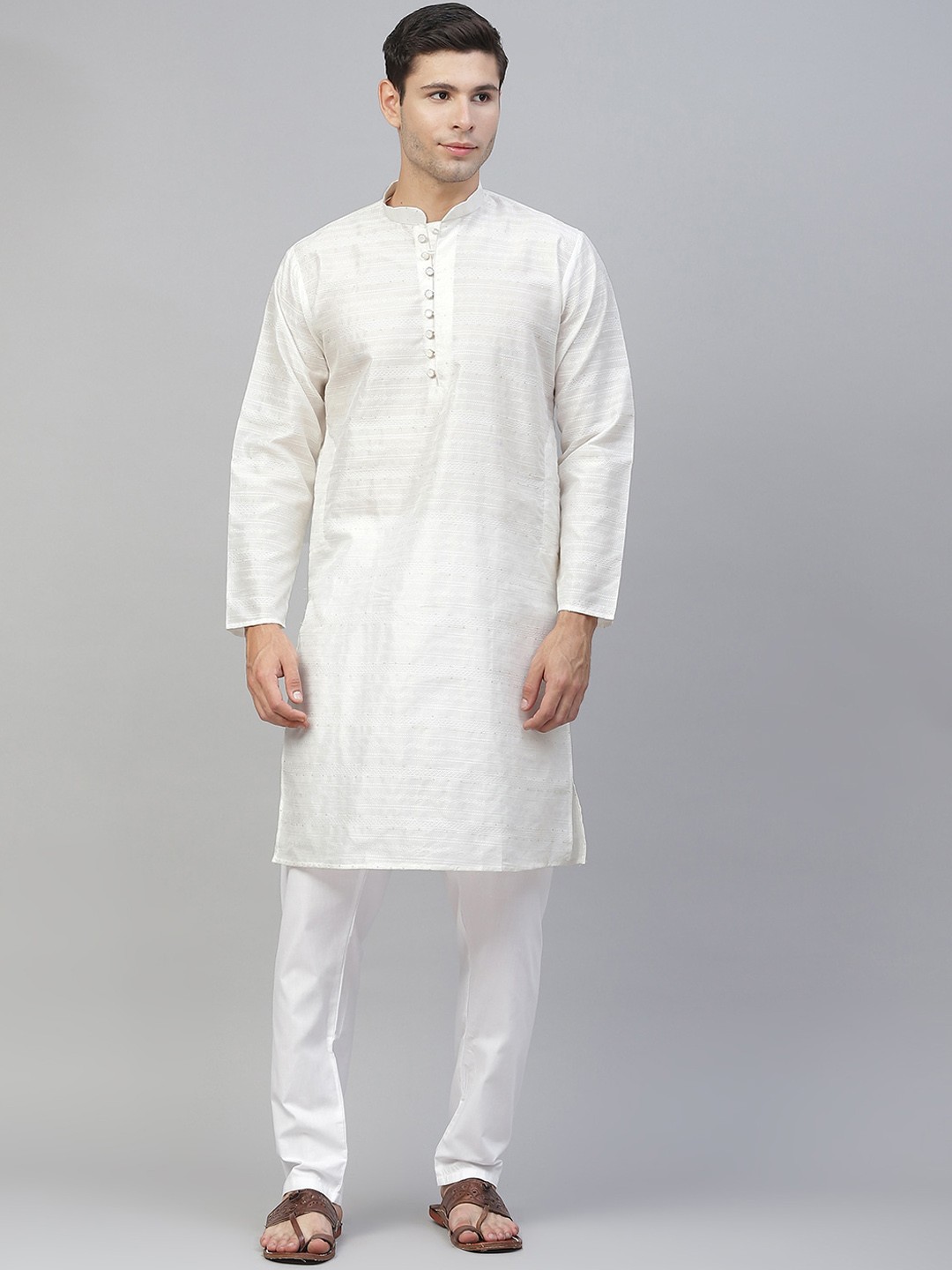 

MANQ Men White Thread Work Dupion Silk Kurta
