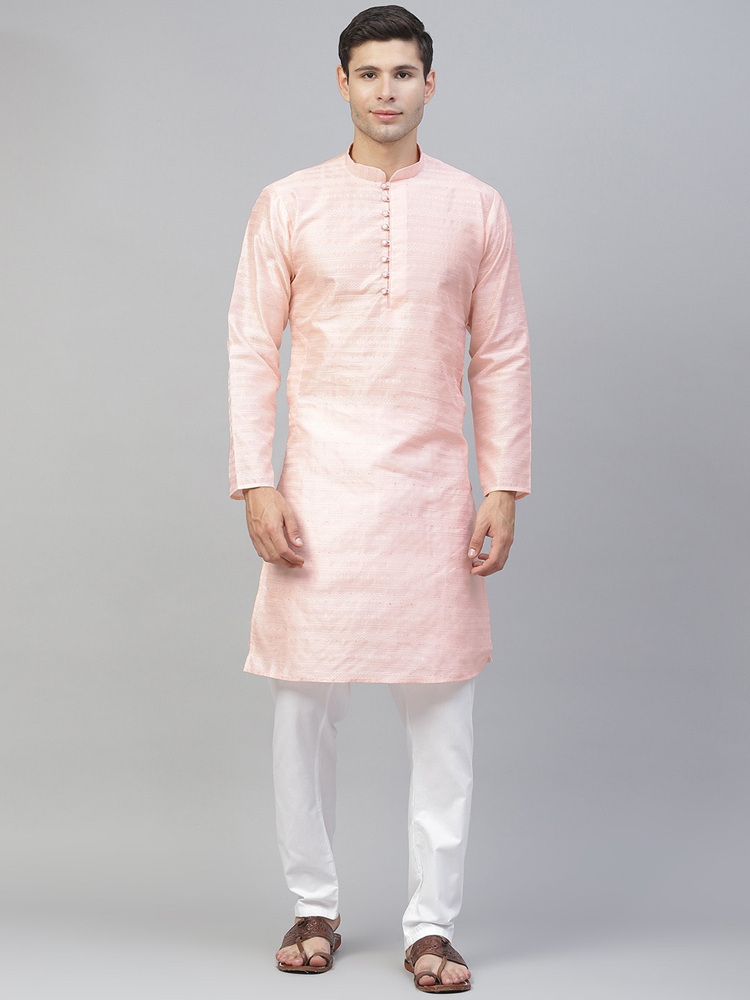 

MANQ Men Pink Woven Design Dupion Silk Kurta