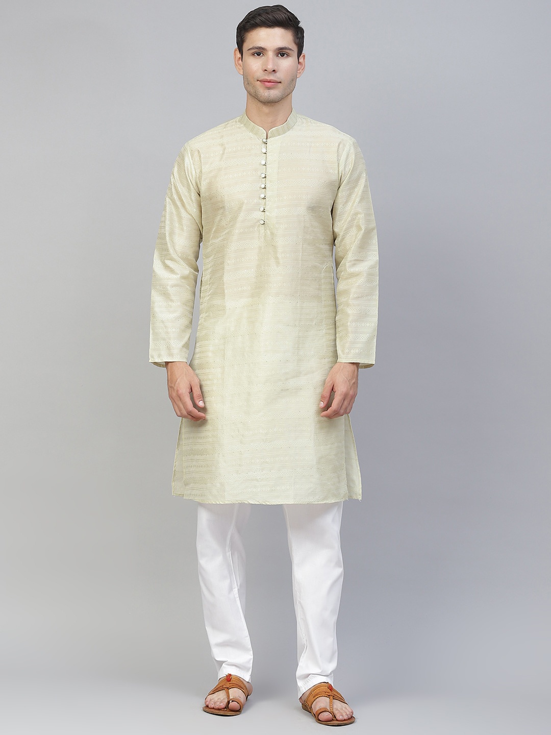 

MANQ Men Green Ethnic Motifs Woven Straight Kurta