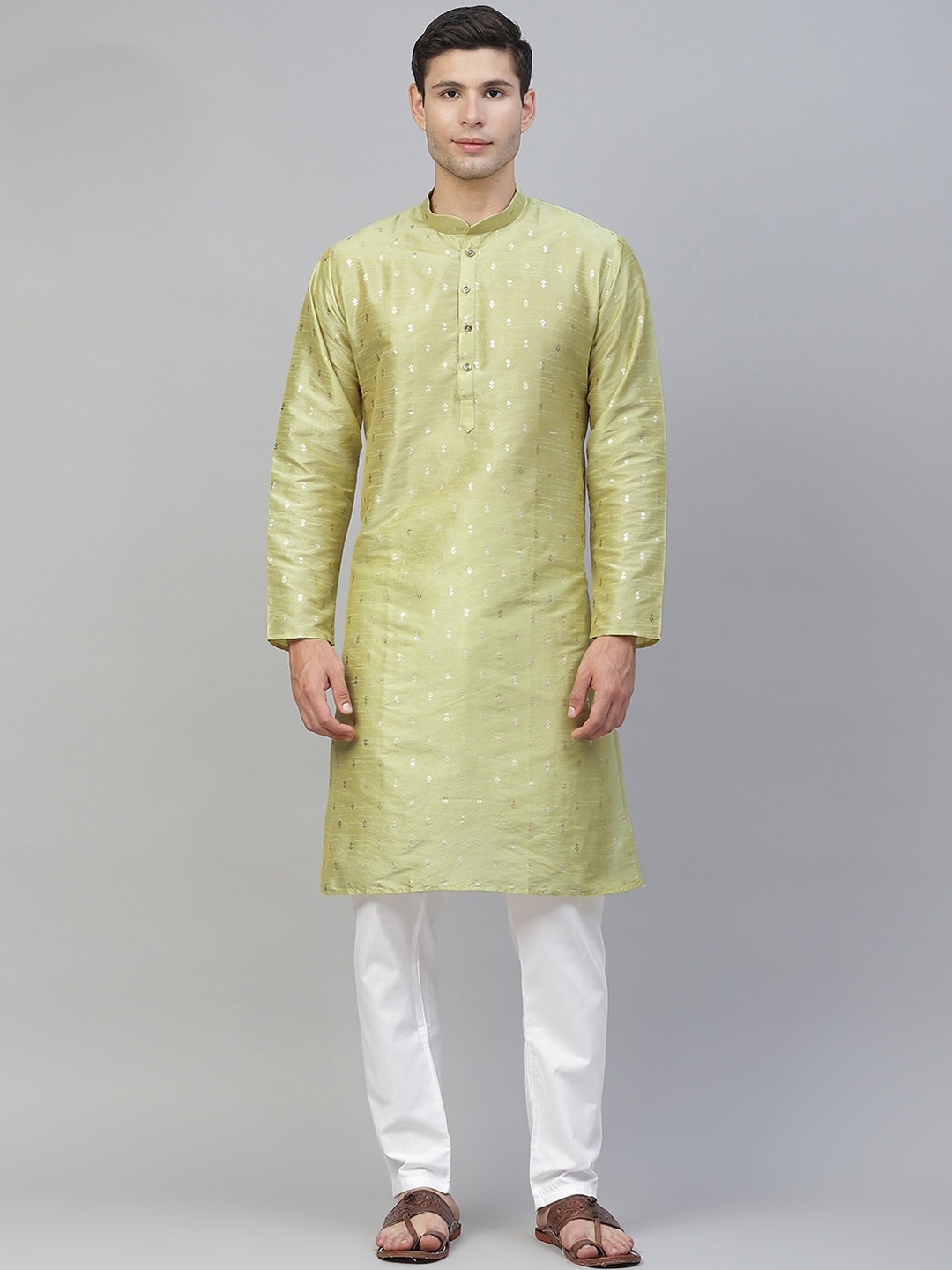 

MANQ Men Green & Gold-Toned Floral Printed Straight Kurta