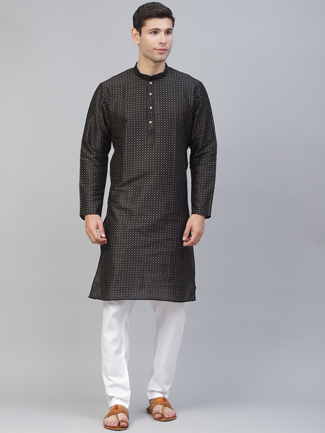 

MANQ Men Black & White Geometric Thread Work Kurta