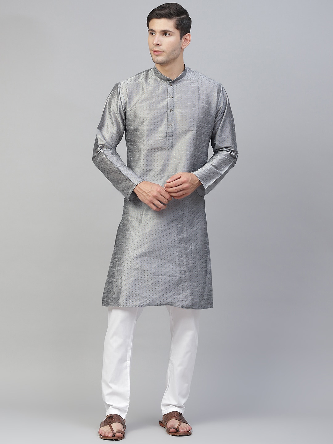 

MANQ Men Grey Woven Design Straight Dupion Silk Kurta