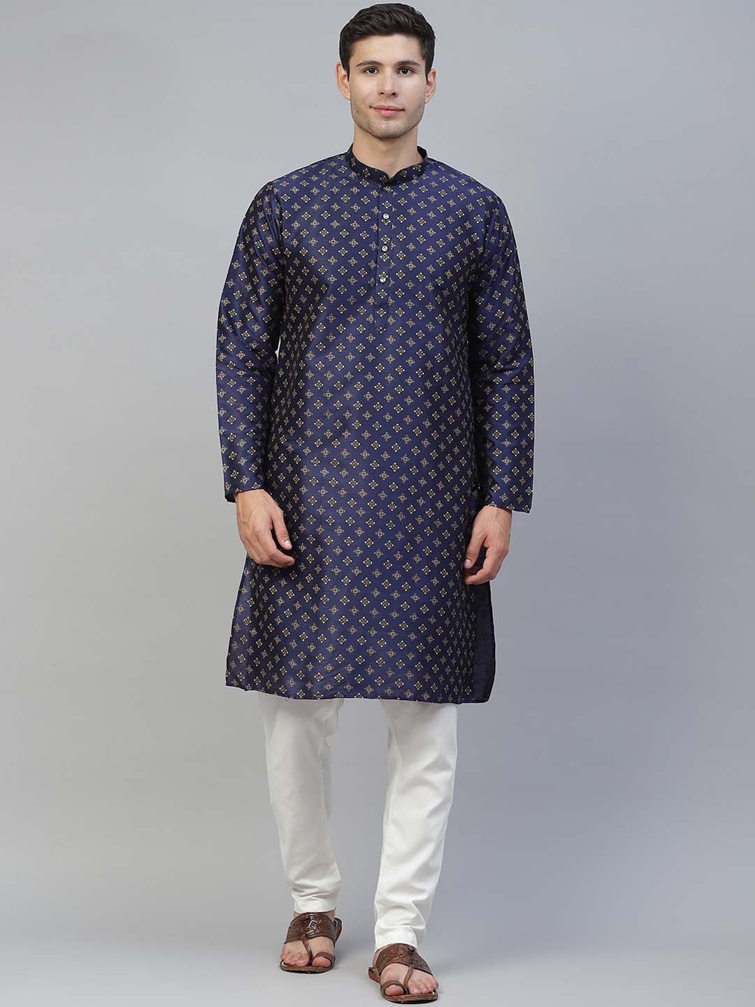 

MANQ Men Navy Blue Ethnic Motifs Printed Straight Kurta