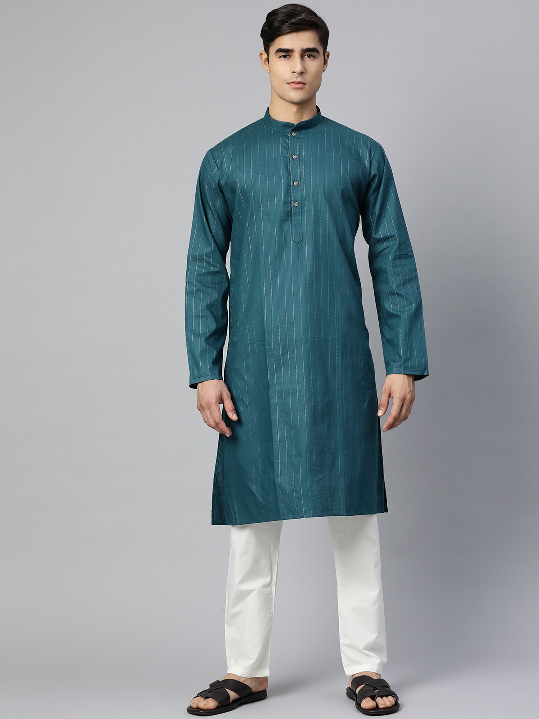 

MANQ Men Teal Woven Design Cotton Straight Kurta