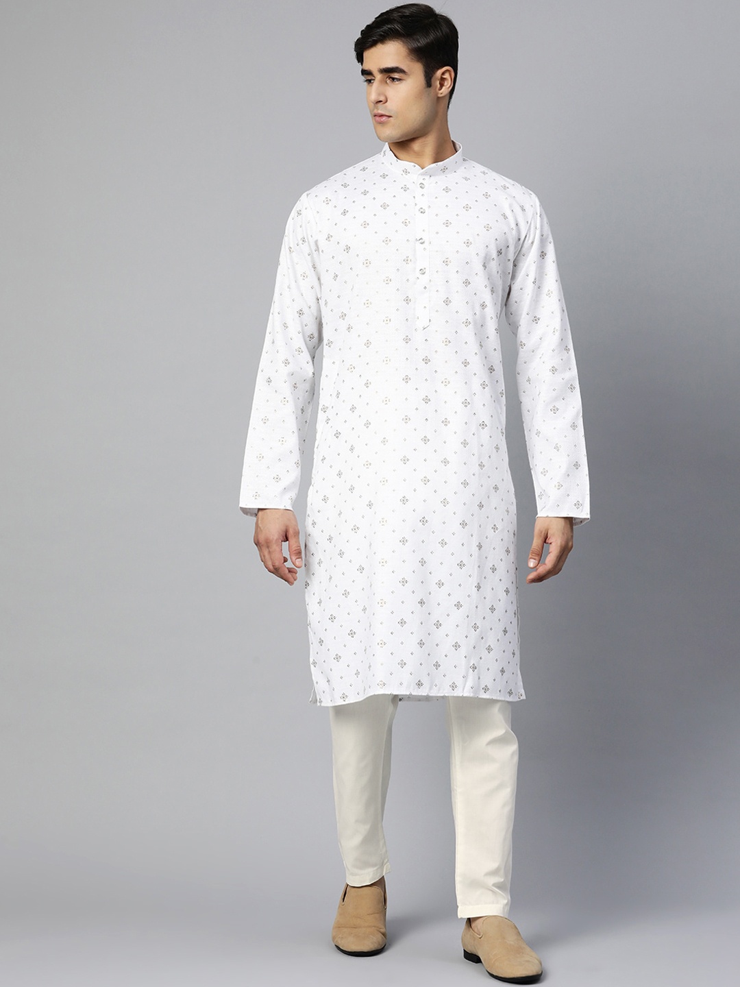 

MANQ Men White Ethnic Motifs Printed Straight Cotton Kurta