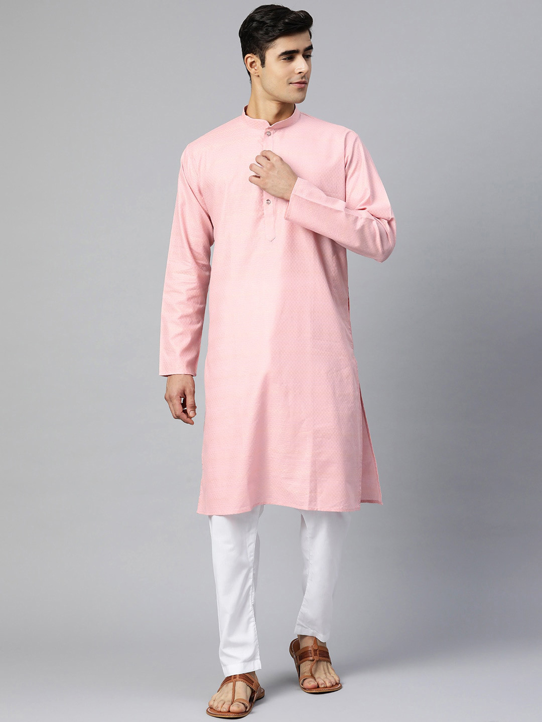 

MANQ Men Pink & Gold-Toned Mandarin Collar Straight Cotton Kurta
