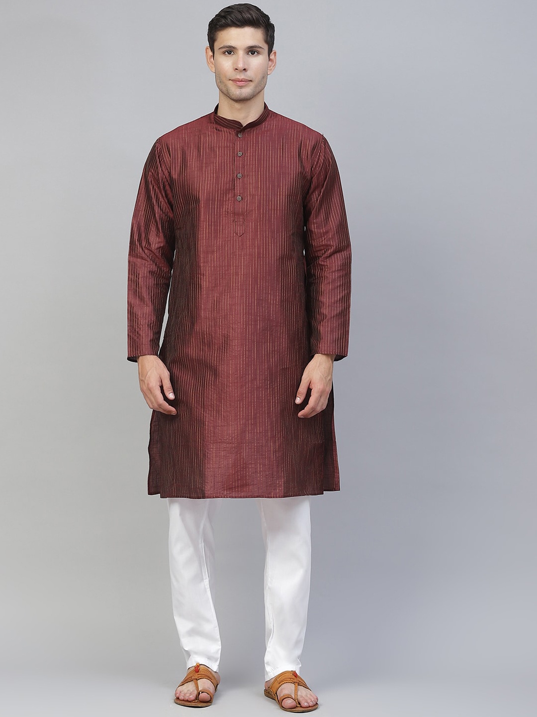 

MANQ Men Maroon Striped Straight Kurta