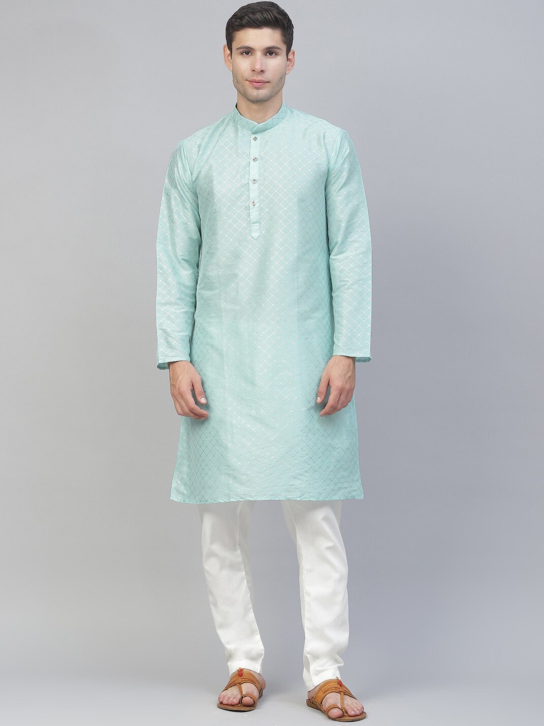 

MANQ Men Sea Green Geometric Mandarin Collar Straight Kurta