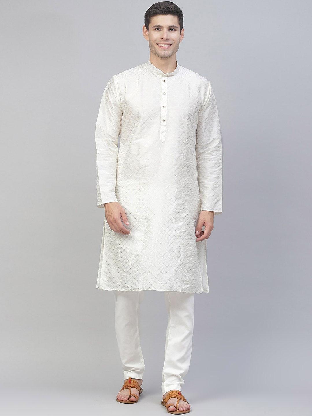 

MANQ Men Off White Geometric Printed Straight Kurta