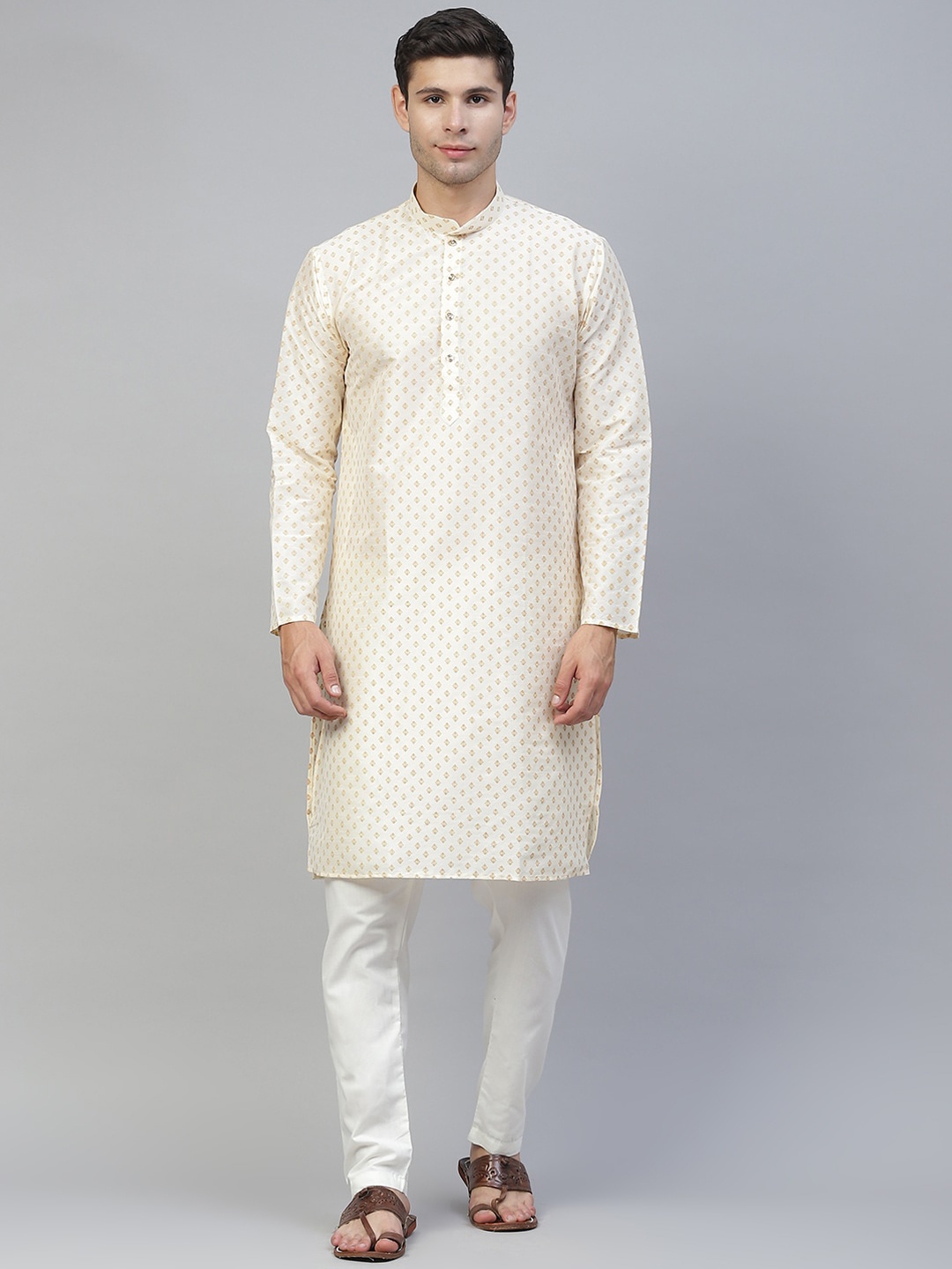 

MANQ Men Cream-Coloured Ethnic Motifs Straight Kurta