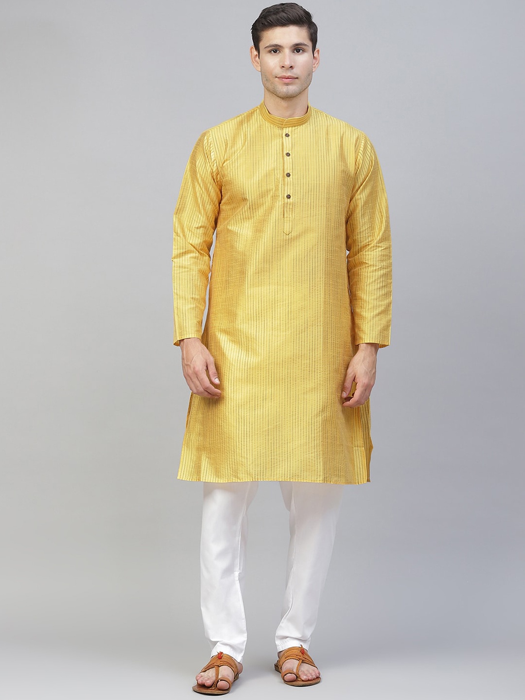 

MANQ Men Yellow Striped Mandarin Collar Straight Kurta