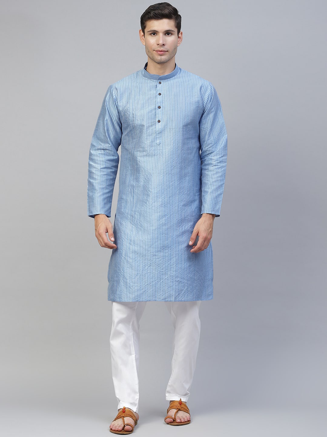 

MANQ Men Blue Mandarin Collar Striped Straight Kurta