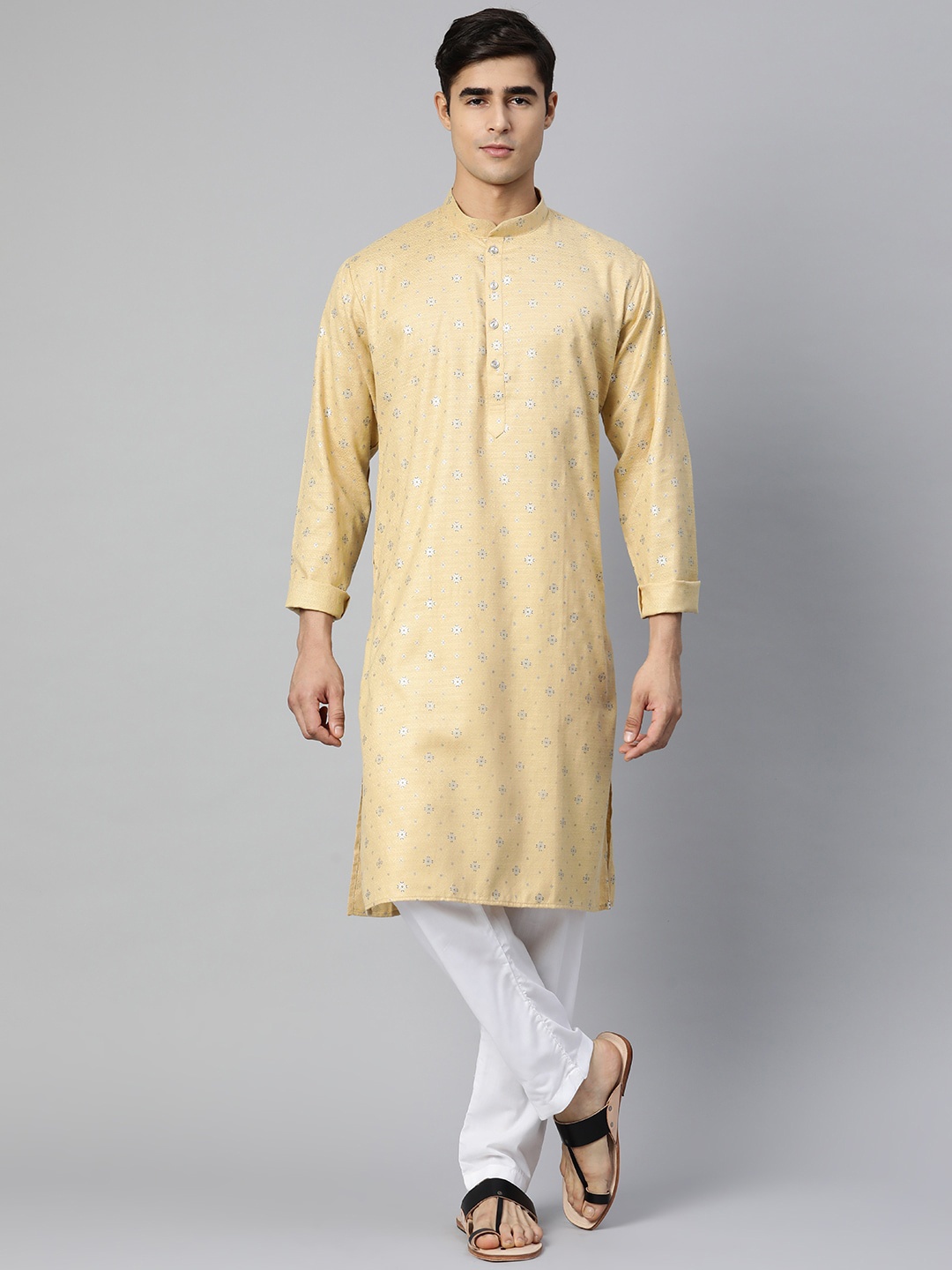 

MANQ Men Beige Ethnic Motifs Straight Cotton Kurta