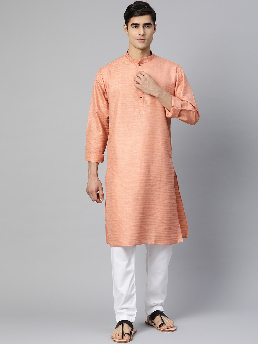 

MANQ Men Peach-Coloured Striped Straight Kurta