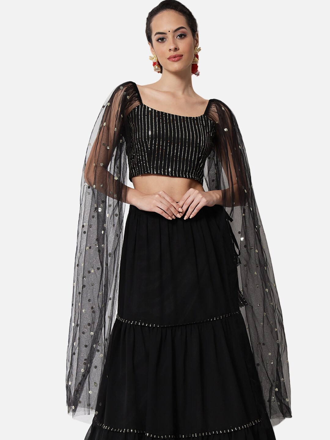 

studio rasa Women Embellished Print Sheer Georgette Longline Top, Black