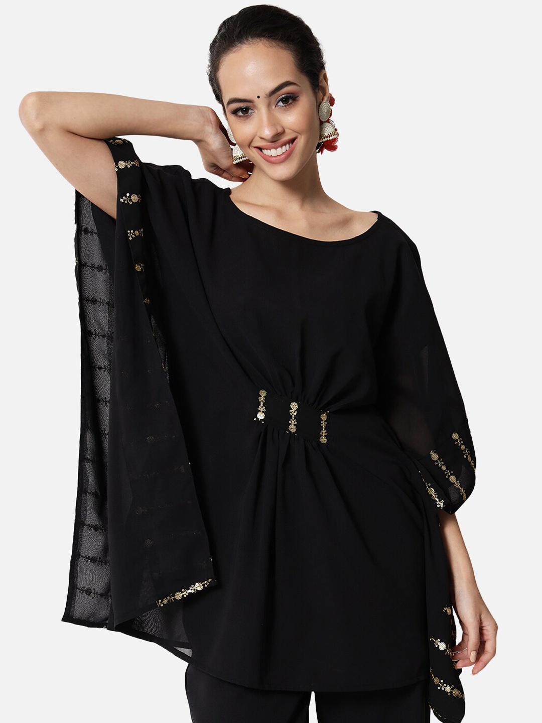 

studio rasa Women Black Floral Embroidered Sequinned Kaftan Kurti