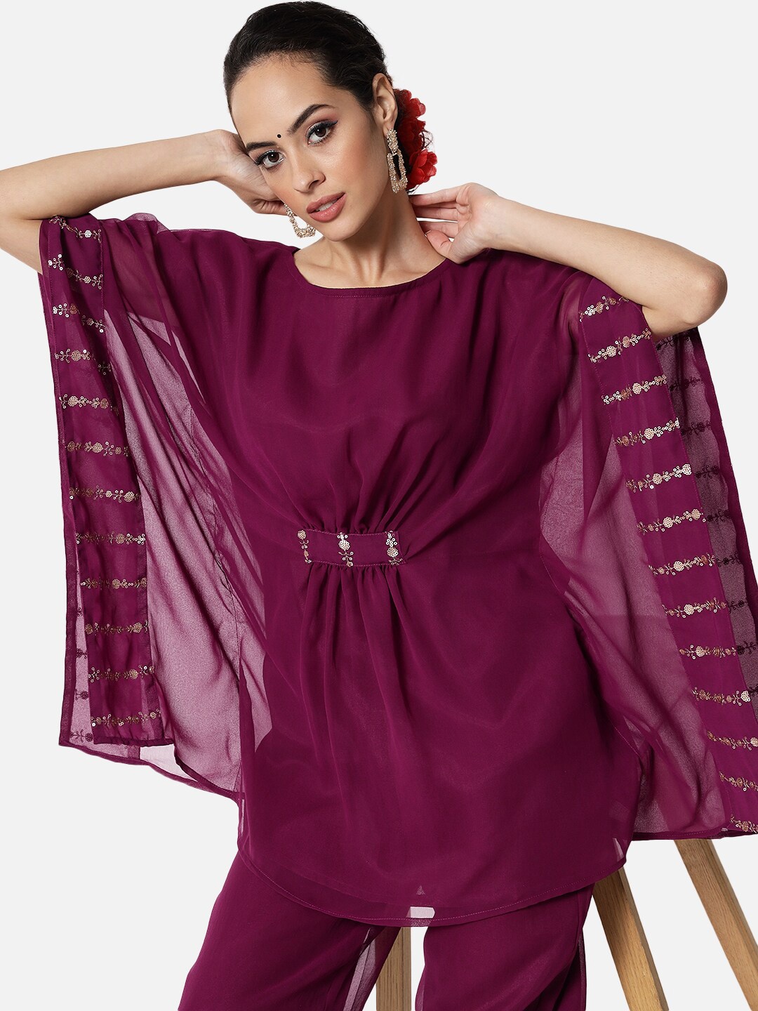 

studio rasa Purple & spanish purple Floral Embroidered Flared Sleeves Sequinned Kaftan Kurti