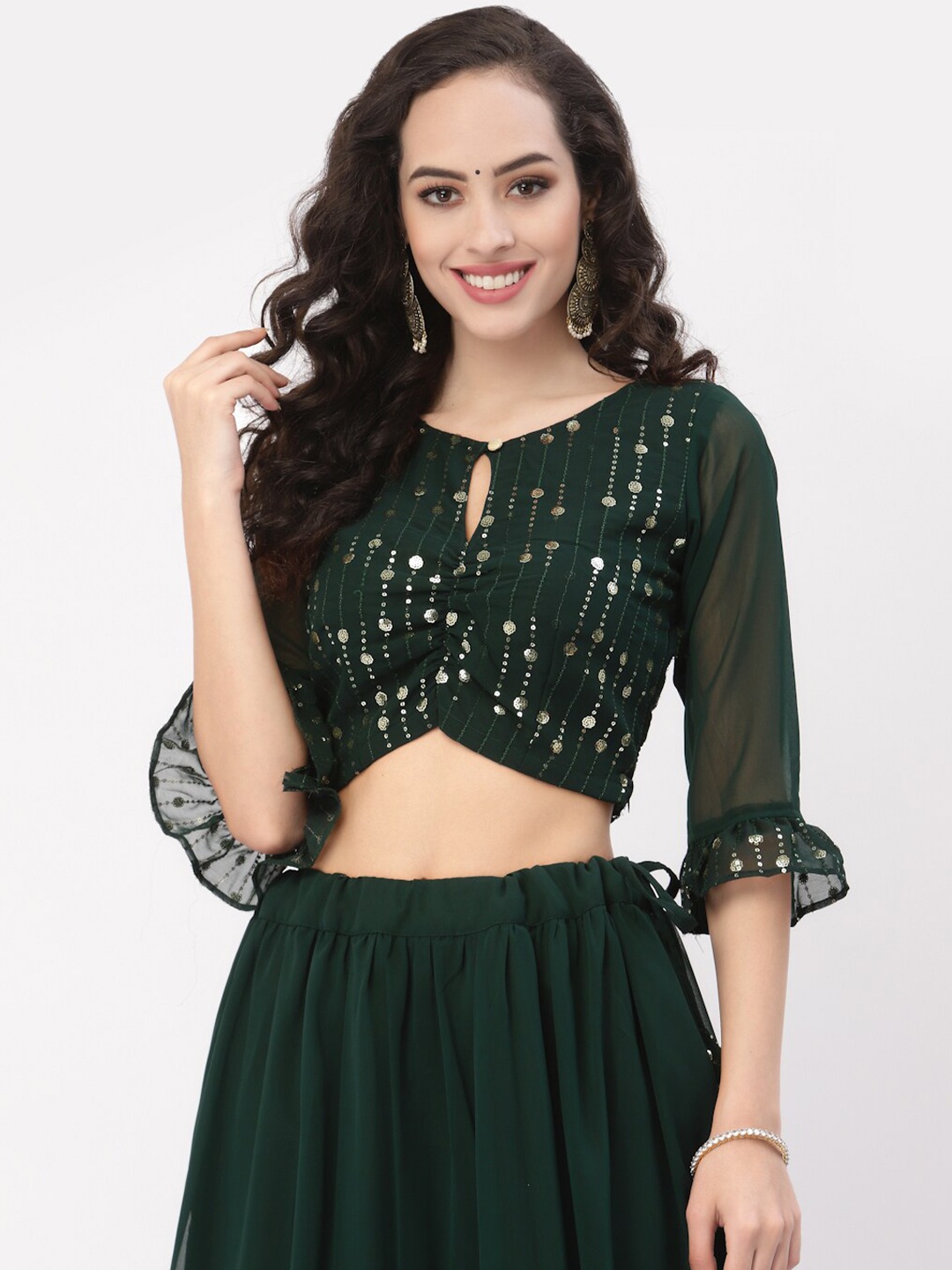 

studio rasa Women Embellished Keyhole Neck Georgette Crop Top, Green