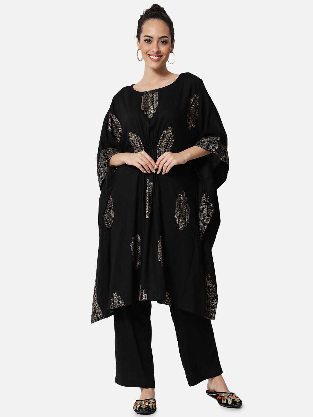 

studio rasa Women Black & Gold-Toned Ethnic Motifs Printed Flared Sleeves Kaftan Kurta