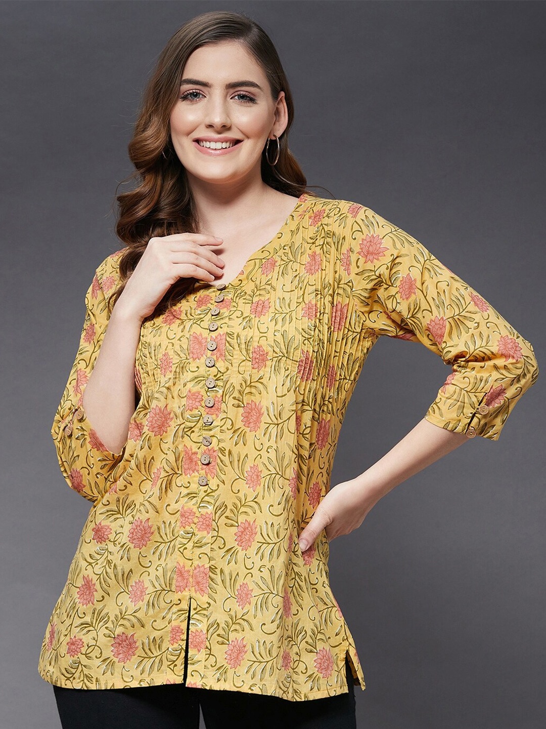 

Azira Yellow & Pink Floral Printed Tunic